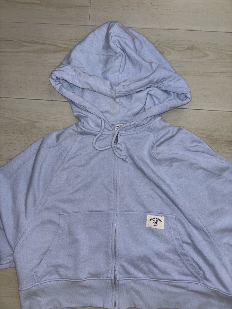 H&M Oversized Cropped Jacket (Category: Coats, Jackets and Outerwear) located in Cavite. Submitted by bbbb444 (Listing ID 1458159763, Image 2). Description: - Fits S-L, oversized fit - Slight stain inside the hood - Color is purplish light blue.
