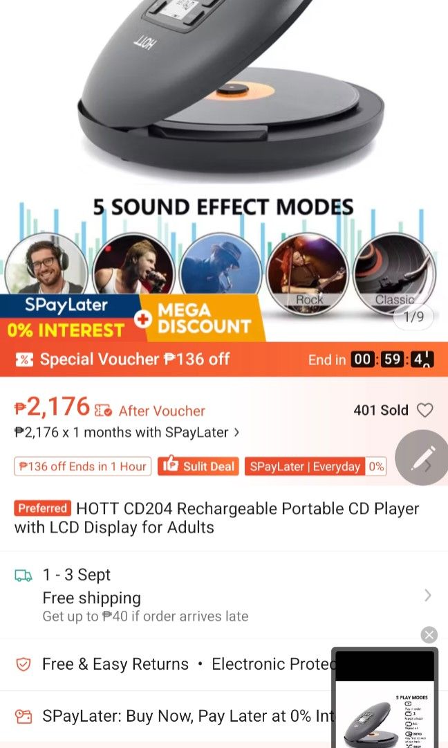 HOTT Portable CD Player with Display and Controls (Category: Portable Music Players) located in Manila. Submitted by trajanojul46001 (Listing ID 1458281277, Image 2). Description: - HOTT Portable CD Player - Clear display showing track time - Easy-to-use front controls: EQ/DIR, Volume, Skip, Play/Pause, Power -price negotiable .