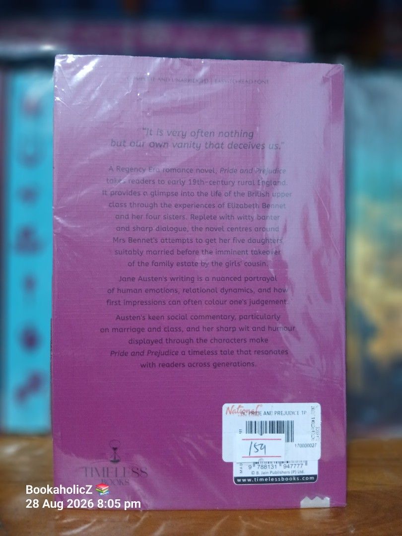 Jane Austen Pride & Prejudice Timeless Books Edition (Category: Storybooks) located in Antipolo. Submitted by bookaholicz_dettori (Listing ID 1458209608, Image 3). Description: - Timeless Books edition of Pride & Prejudice by Jane Austen - Beautiful purple cover with silver foil detailing - Classic Regency romance novel - Perfect for fans of Jane Austen and classic literature - Brand new, still in original plastic wrap -Paperback MOP: •Gcash/Bank