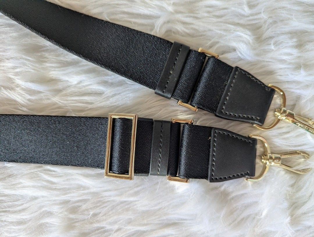 Kate Spade Black Fabric & Leather Bag Strap Gold Hardware (Category: Cross-body Bags) located in Manila. Submitted by eladp (Listing ID 1458212967, Image 3). Description: - Adjustable black fabric strap with leather accents - Gold-tone hardware with swivel clasps at each end - Perfect for customizing your favorite bag - Approximately 45 inches when fully extended - Clean and ready for a new owner.