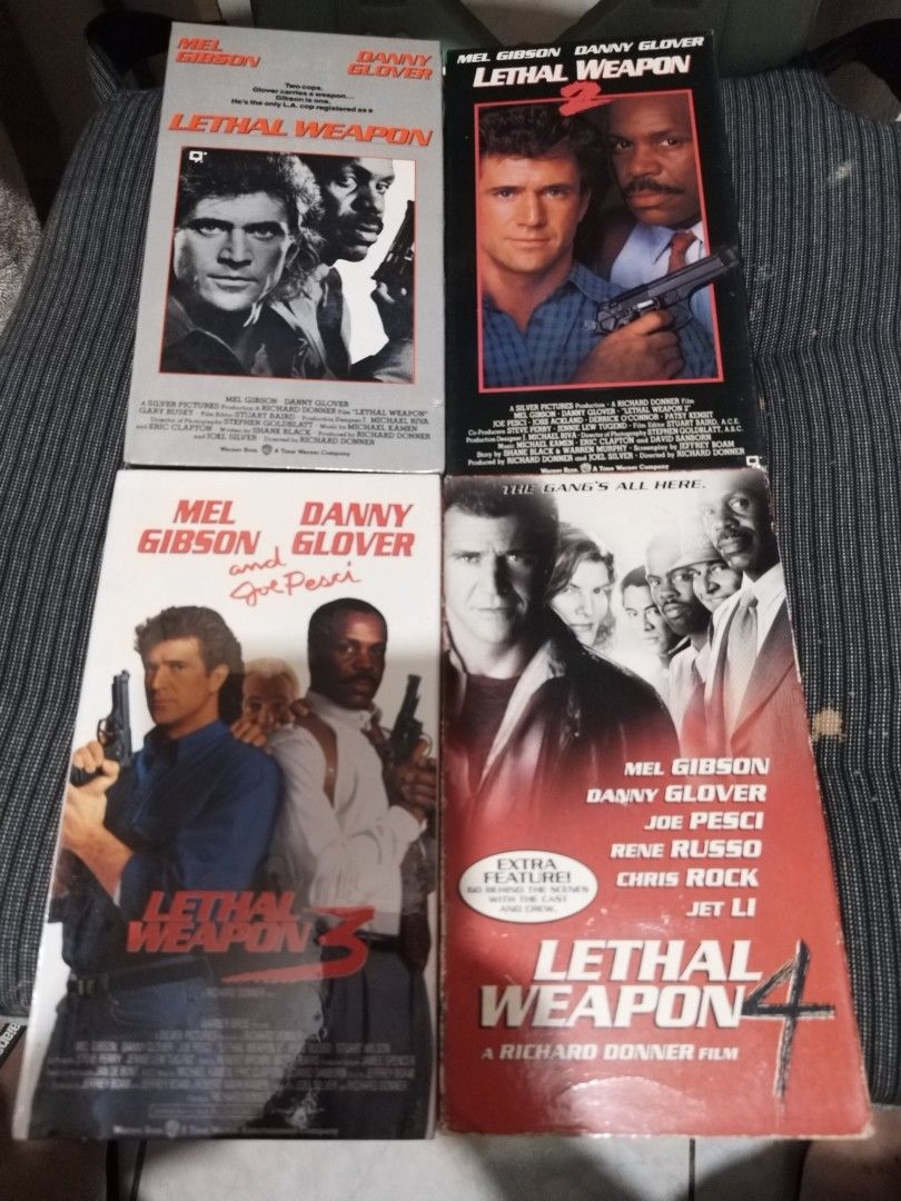 Lethal Weapon 1-4 VHS Movie Collection (Category: CDs & DVDs) located in Manila. Submitted by pickerjessie (Listing ID 1458223722, Image 1). Description: -Complete Lethal Weapon VHS Series (1, 2, 3, & 4) - Iconic action movies starring Mel Gibson and Danny Glover - Perfect for collectors or fans of 80s/90s action - All VHS tapes are in their original cases - Relive these classic buddy-cop thrillers!.