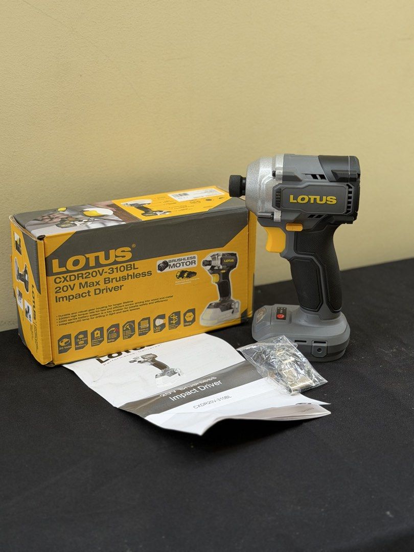 Lotus cordless impact drill (bare tool) (Category: Home Improvement Tools & Accessories) located in Las Pinas. Submitted by charliebrownie0109 (Listing ID 1458131816, Image 1). Description: Lotus CXDR20V-310BL 20V max brushless impact driver SRP: 2,700 Selling price: 2,200 ✅ Inclusions - original box - manual - clip ✅ Brand new ✅ Di nagamit ❌ no batteries included RFS - extra impact driver Location 📍 Pamplona tres, Las Piñas .