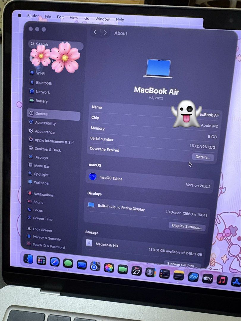 Macbook Air M2 2022 (Category: Laptops & Notebooks) located in Manila. Submitted by guenedayan (Listing ID 1458168996, Image 1). Description: Comes with box Personal use Specs, batt health and cycle count can be seen in the photos PM for more details or chat me on Facebook Guene Maverie Dayan.