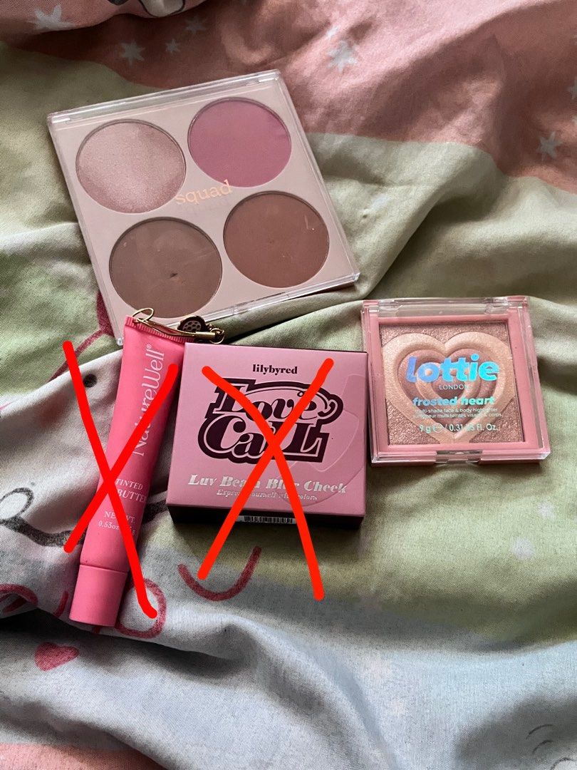 Makeup Set - Decluttering (Category: Makeup) located in Manila. Submitted by noctischarms (Listing ID 1447763673, Image 1). Description: Decluttering makeup (barely used, and swatched only) squad contour and blush - 75 exp: 2031 only used 4 times lilybyred beam blur cheek blush ❌ lottie frostead heart highlighter - 70 multishade face & body highlighter Naturewell tinted lipgloss - Pink Velvet - 170 ❌ Moisturizing balm w/ sheer tint exp: 2027 swat