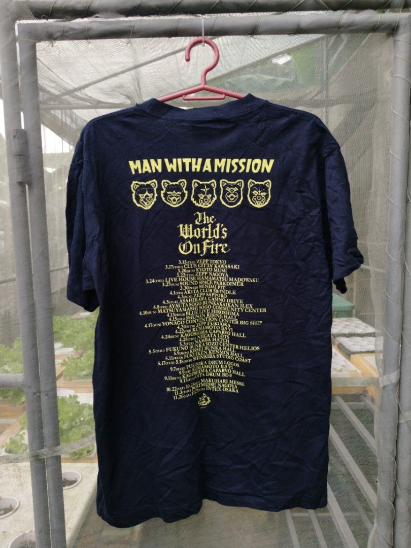 MAN WITH A MISSION (Category: Tshirts & Polo Shirts ) located in Legazpi City. Submitted by genobecollectives (Listing ID 1458105939, Image 2). Description: - MAN WITH A MISSION "The World's On Fire" Tour T-Shirt - Front features iconic tour graphic - Back displays tour dates and locations - Brand: Printstar - Material: Heavyweight Pre-Shrunk Cotton - Size: Small (S) - Ideal for fans of the band 500 free ship 20 x 27 excellent condition .