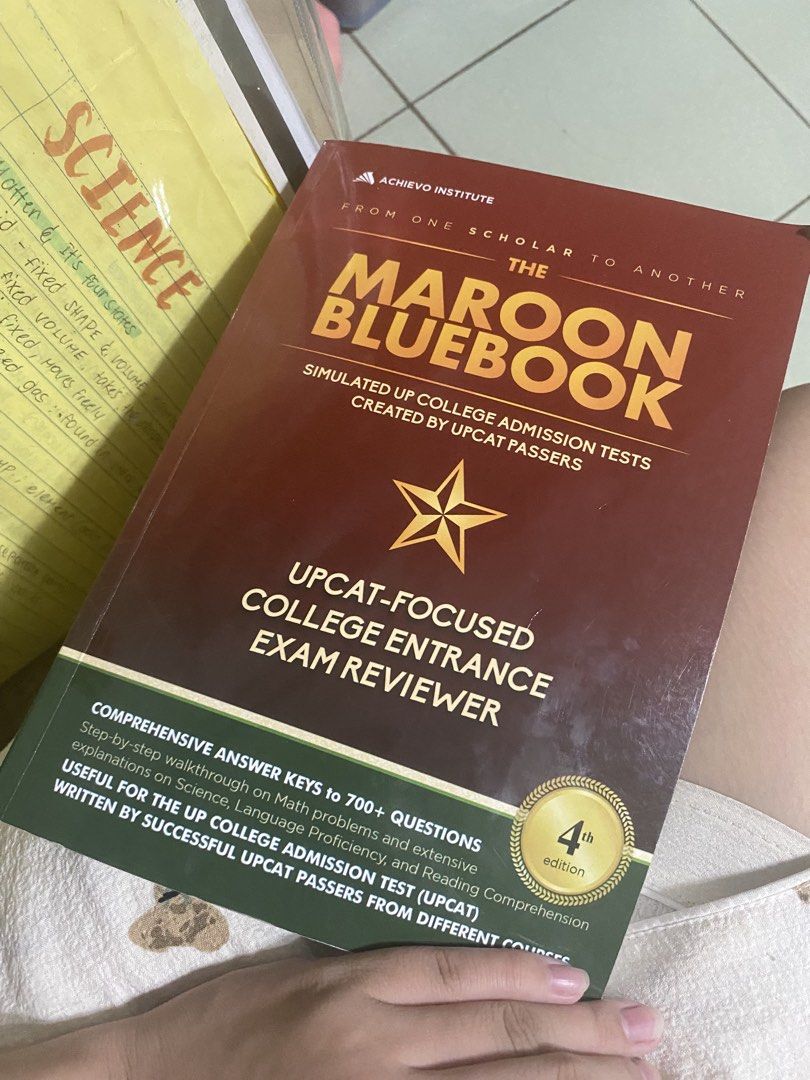 Maroon Bluebook for UPCAT (free shipping) (Category: Textbooks) located in Manila. Submitted by serainade (Listing ID 1458242155, Image 1). Description: only answered 1 language prof and math prof subtest. good condition bought for 800 pesos 📍 Pasig 💳 GCash & Maya (payment first) 📦 J&T Direct.