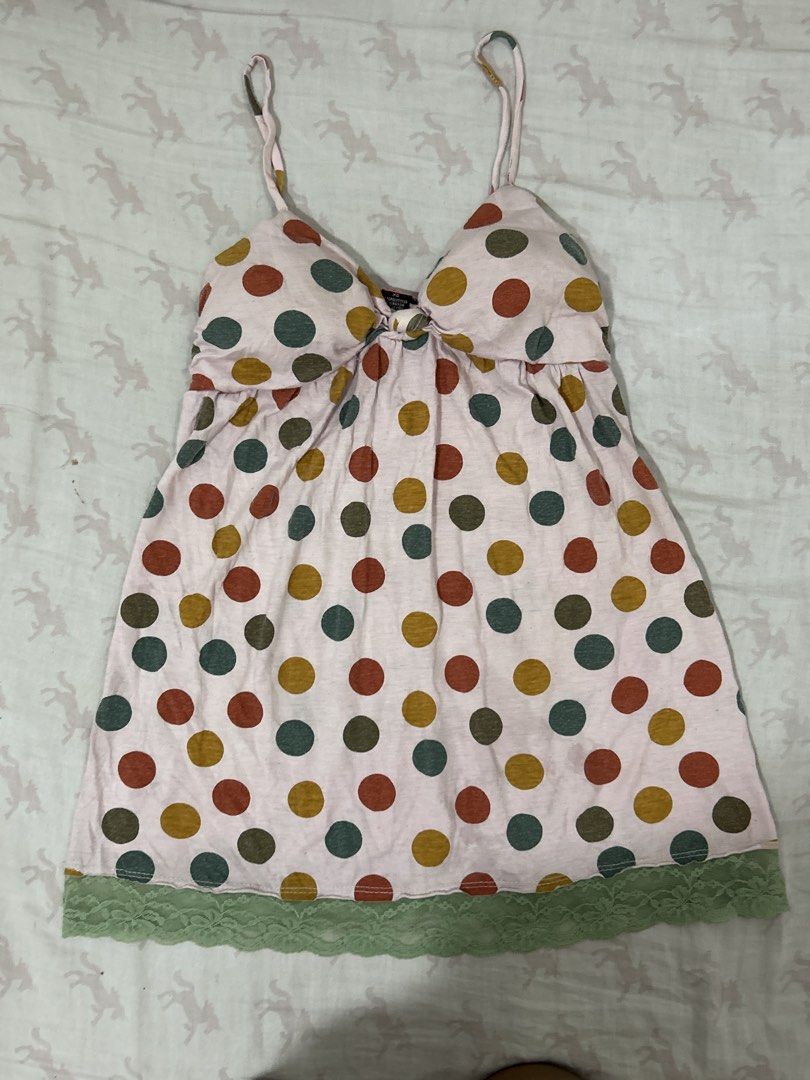 Max Rave Polka Dot Nightgown XS (Category: Dresses) located in Manila. Submitted by zencharm (Listing ID 1458131697, Image 1). Description: - Adorable pink nightgown with colorful polka dots - Features a charming green lace trim at the hem - Adjustable spaghetti straps for a perfect fit - Cute tie detail at the front - Made from a comfortable polyester and rayon blend - Ideal for cozy nights and relaxed lounging.