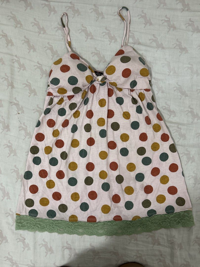 Max Rave Polka Dot Nightgown XS (Category: Dresses) located in Manila. Submitted by zencharm (Listing ID 1458131697, Image 3). Description: - Adorable pink nightgown with colorful polka dots - Features a charming green lace trim at the hem - Adjustable spaghetti straps for a perfect fit - Cute tie detail at the front - Made from a comfortable polyester and rayon blend - Ideal for cozy nights and relaxed lounging.