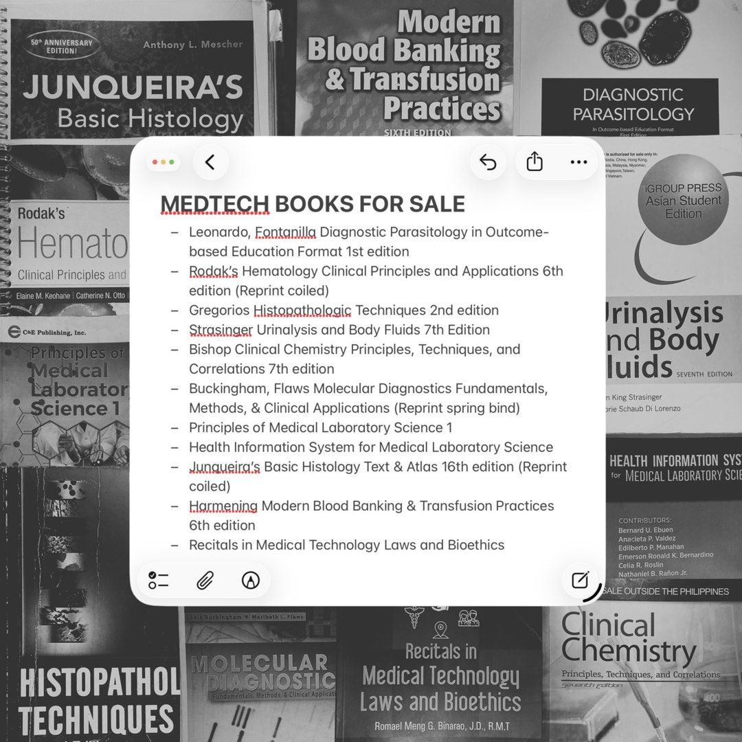 Medtech Books (Category: Textbooks) located in Roxas City. Submitted by barbiehues (Listing ID 1458106203, Image 2). Description: Hello, future RMTs! 💗 I’m selling my Medical Technology/MLS books since I won’t be needing them anymore. These are the reference books that helped me strengthen my foundation/basics for each subj. Hopefully, these same books can be part of your journey toward becoming a RMT! 🩸🔬🤍 🫶🏻 𝗥𝗙𝗦: Passed the board exam �