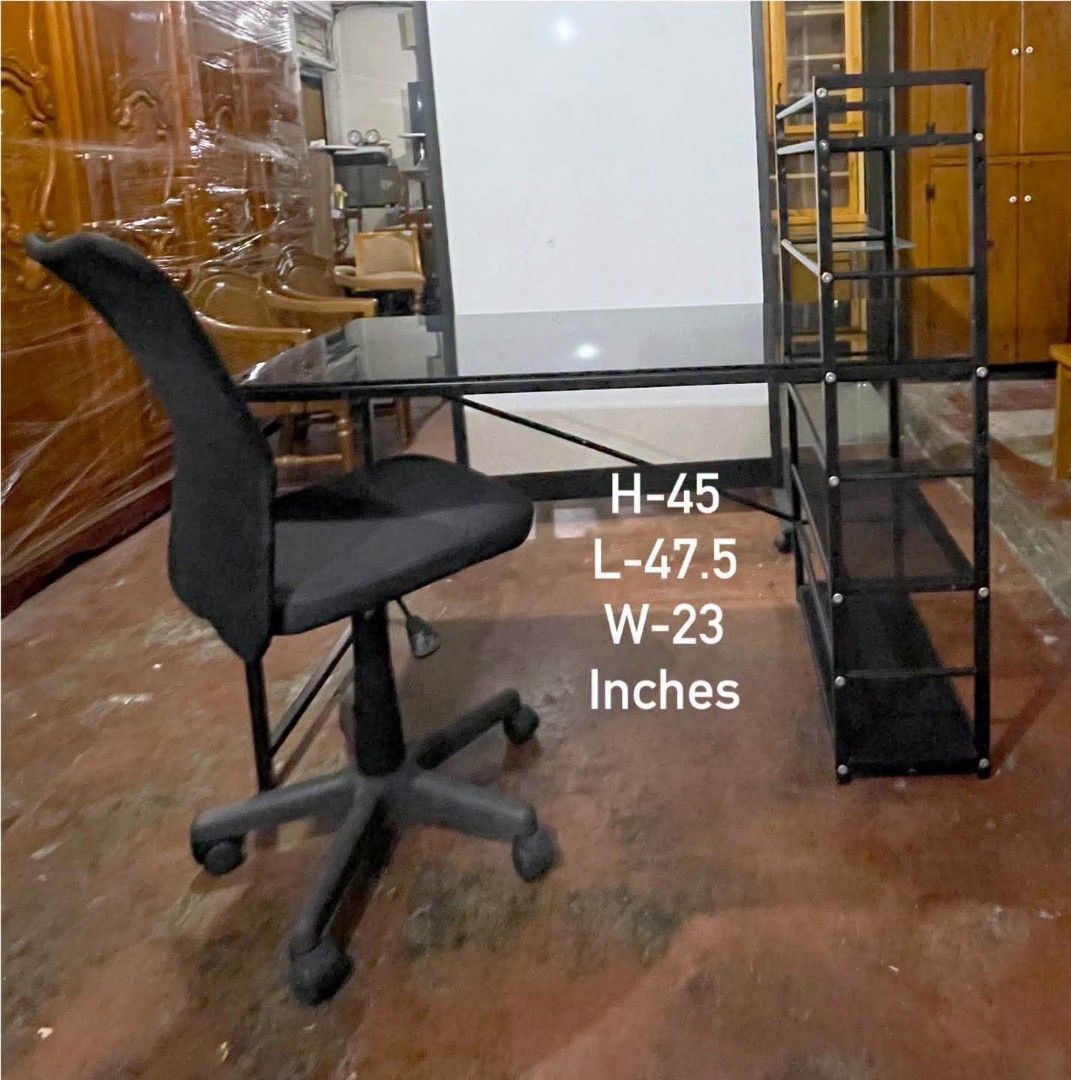 Modern Black Computer Table Office Desk with Side Shelving Rack (Category: Office Furniture & Fixtures) located in Quezon City. Submitted by dannikkishoppe2 (Listing ID 1458222904, Image 2). Description: Modern Black Computer Table Office Desk with Side Shelving Rack ‼️₱6800‼️ Perfect for work-from-home, study area, office or gaming setup! 💻📚 📏 Dimensions: H – 45” L – 47.5” W – 23” ✔️ Space-saving design ✔️ With built-in side shelves ✔️ Sturdy