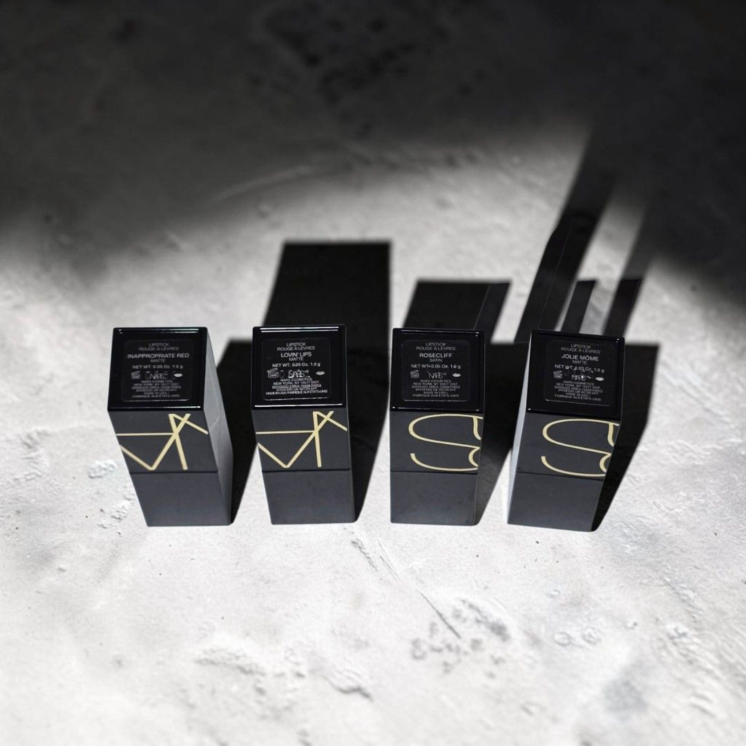 NARS Audacious Lipstick (Category: Makeup) located in Taguig. Submitted by altainfante (Listing ID 1458240579, Image 3). Description: - 4 travel-sized NARS Audacious lipsticks - Shades: inappropriate red, lovin lips, rosecliff, jolie mome - Ideal for trying different looks or for gifting - Each lipstick case features the iconic NARS logo - 370 per pc, 1450 for set.
