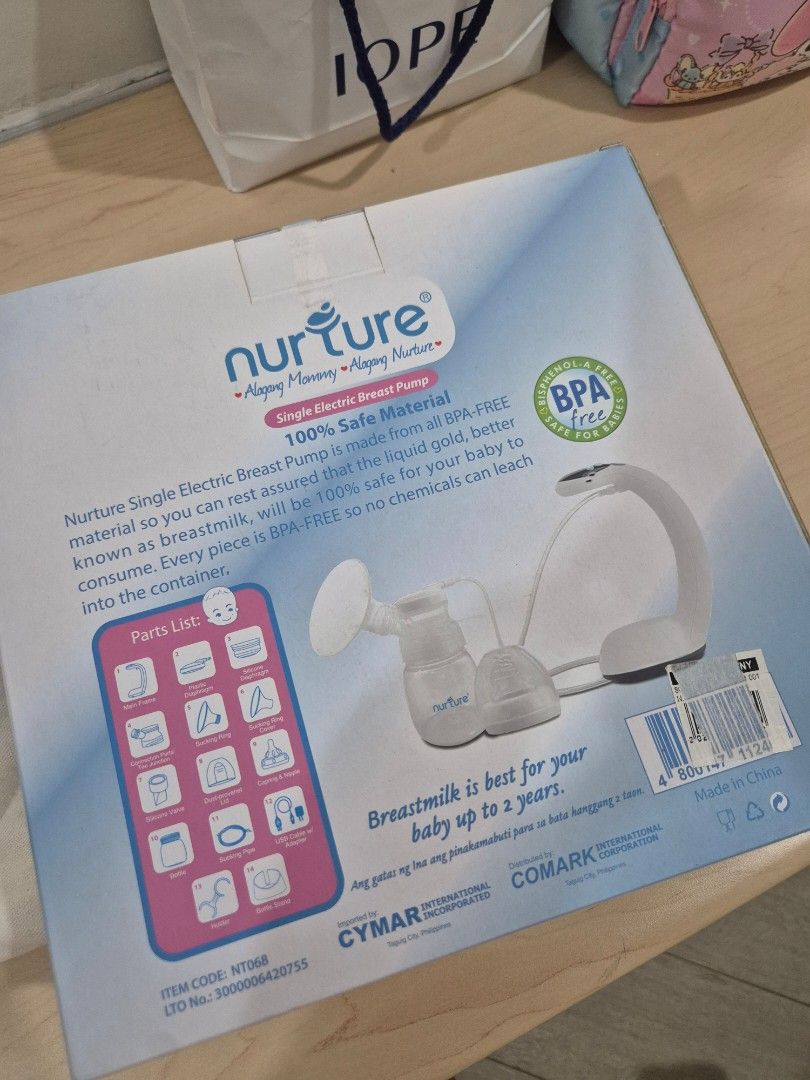 Nurture Single Electric Breast Pump BPA Free (Category: Breastfeeding & Bottle Feeding) located in San Juan City. Submitted by stepoo123 (Listing ID 1458105332, Image 2). Description: - Nurture Single Electric Breast Pump - Made from 100% safe, BPA-free material - No harmful chemicals leach into milk - Easy to handle and operate - Comes with all parts shown in the box - Ideal for breastfeeding mothers.