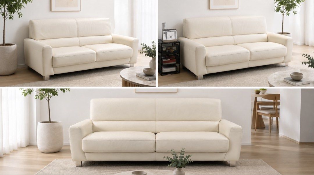 Off White Genuine Leather Sofa (Category: Sofas) located in Makati City. Submitted by je.luxe.life (Listing ID 1458184151, Image 2). Description: 2-3 seater sofa in off white genuine leather. IDC Otsuka brand, their sofas retail for Php100k+ minimum. Rush + has flaws (peeling, dry leather) on few areas hence the low price. Rfs: migrating.