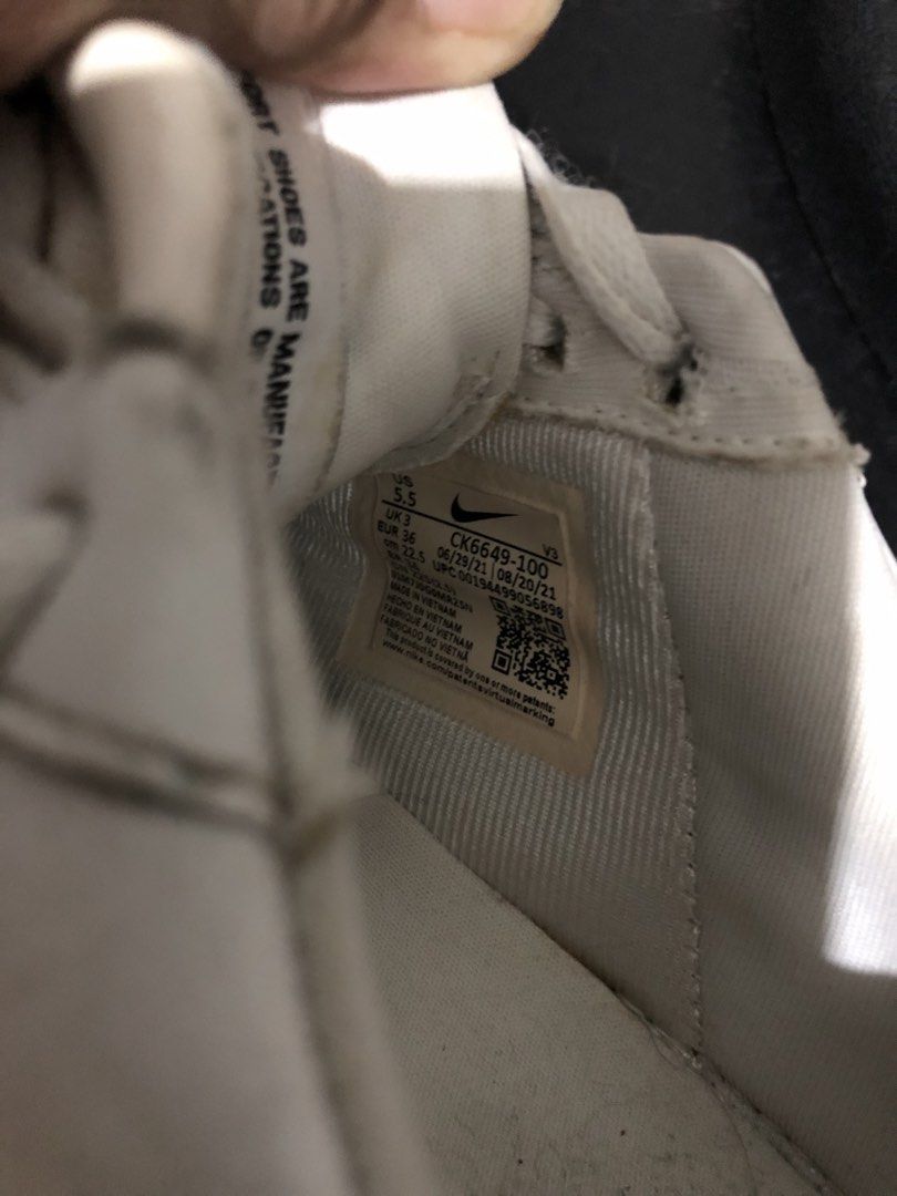 original Nike Air Force 1 Low White CK6649-100 (Category: Sneakers) located in Mandaluyong City. Submitted by mushii21 (Listing ID 1458286608, Image 3). Description: - White Nike Air Force 1 Low - Size: 5.5 UK / 36 EU - Condition: Shows some yellowing on the soles and general signs of wear. - Plenty of life left for everyday use. - Classic and iconic sneaker design..