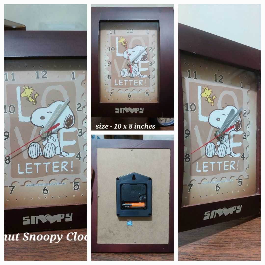 Peanut Snoopy Wooden Wall Clock (Category: Clocks) located in Calamba. Submitted by myhomeshop_ph (Listing ID 1458252829, Image 1). Description: Peanuts Snoopy and Woodstock "Love Letter!" wooden wall clock. Built with a rectangular dark brown wooden frame. Analog quartz , battery operated. Calamba Laguna.