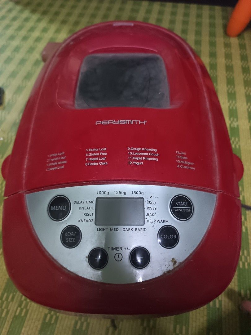 PERYSMITH Red Bread Maker Machine (Category: Breadmakers) located in Kota Tinggi. Submitted by hoodiepop (Listing ID 1458224941, Image 2). Description: - Red PERYSMITH bread maker - Multiple settings for various bread types and dough - Loaf sizes: 1000g, 1250g, 1500g - Functions: Delay timer, knead, rise, bake, keep warm - Easy-to-use control panel with digital display - Perfect for homemade bread enthusiasts prize can nego.