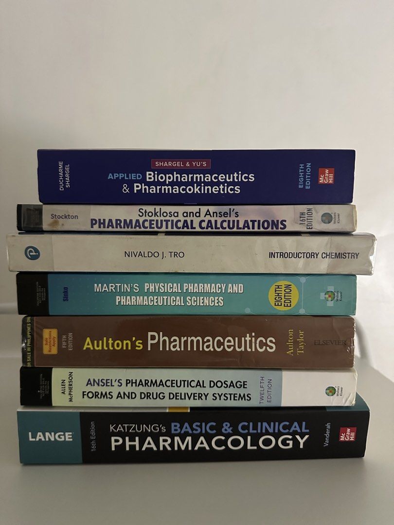 Pharmacy Textbook Bundle: Pharmacology, Pharmaceutics, Chemistry & More (Category: Textbooks) located in Manila. Submitted by loveonhauls (Listing ID 1458242897, Image 1). Description: Bundle of 7 essential pharmacy textbooks • Ideal for pharmacy students - Applied Biopharmaceutics & Pharmacokinetics, - Stoklosa and Ansel's Pharmaceutical Calculations, - Introductory Chemistry, - Martin's Physical Pharmacy and Pharmaceutical Sciences, - Aulton's 