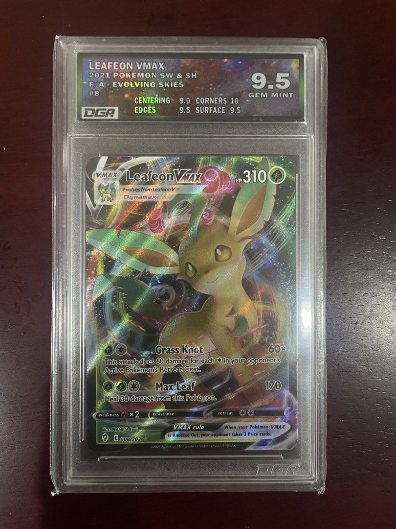 Pokémon Leafeon VMAX 008/203 Evolving Skies DGA 9.5 (Category: Raw Singles) located in Manila. Submitted by gemthe (Listing ID 1458222982, Image 1). Description: • 2021 Pokémon Sword & Shield – Evolving Skies • Leafeon VMAX #008/203 • Graded by Dynamic Grading Authority (DGA) • Grade: 9.5 GEM MINT • Subgrades: Centering 9.0 | Corners 10 | Edges 9.5 | Surface 9.5 • Card is sealed in DGA graded slab 📸 Actual item/photos posted. Please check all ph