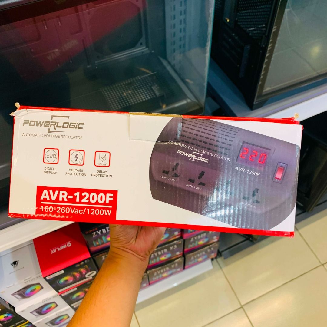 PowerLogic AVR-1200F Automatic Voltage Regulator 160-260Vac/1200W (Category: Computer Parts) located in Caloocan City. Submitted by swiftdeer.cf08f3 (Listing ID 1458181534, Image 1). Description: - PowerLogic AVR-1200F Automatic Voltage Regulator - Input Voltage: 160-260Vac - Capacity: 1200W - Features: Digital Display, Voltage Protection, Delay Protection - Protects your valuable appliances from voltage fluctuations - Comes in original box 💬 Me