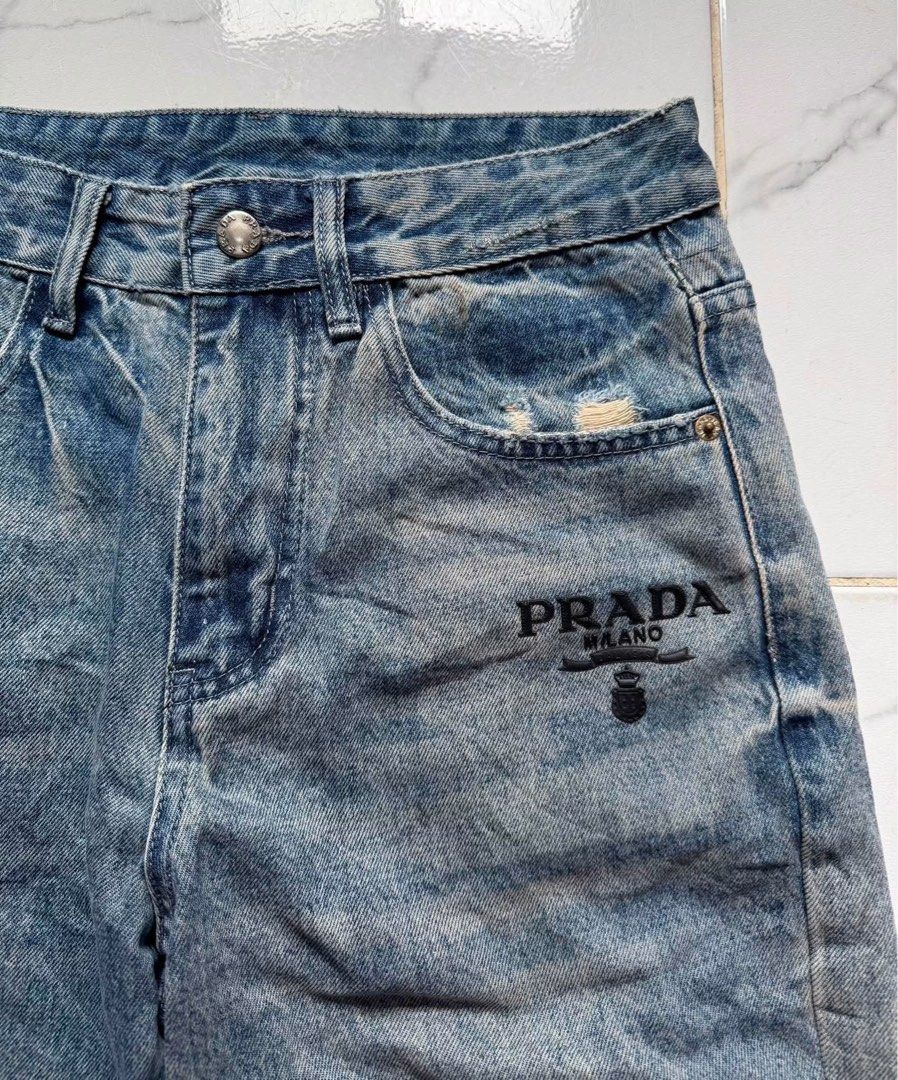 PRADA LIGHT WASH DENIM JEANS (Category: Luxury Apparel) located in Baguio. Submitted by kds_stuffs (Listing ID 1458176086, Image 3). Description: Mine: 1k 📍PR4D4 light wash denim jeans 😍 Pr4d4 buttons 🔥 Waistline: 30" Length: 40.5" Color rate: 9/10 Issue: ❌ Excellent condition Need wash Gandara neto 💗.