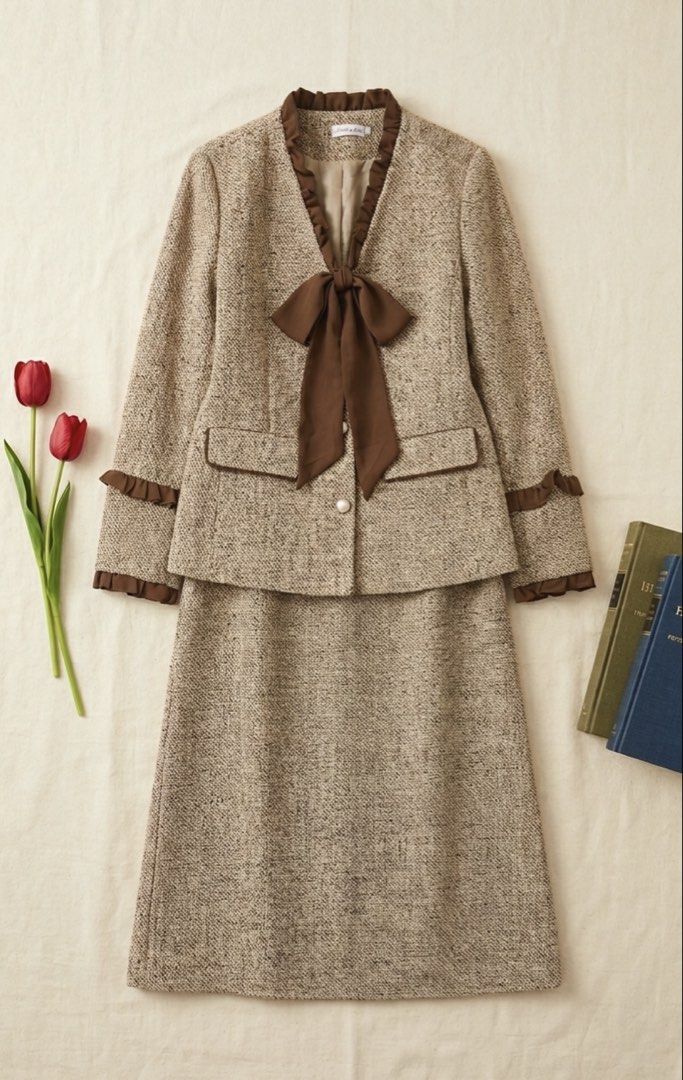Rare Light Brown Tweed Coords (Plus Size) (Category: Sets or Coordinates) located in Muntinlupa City. Submitted by pink_strawberry_collections (Listing ID 1458267033, Image 2). Description: MAKE READING A HABIT. ALL PHOTOS POSTED. Light Brown Tweed Coords with ribbon ties and long skirt Plus size. Rare! XL - 2XL Bust: 44 inches | Waist: 30 - 34 inches | Skirt length: 33 inches Stretchy waist band with zipper closure. Color may slightly vary due t