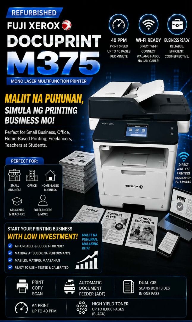 Refurbished Fuji Xerox DocuPrint M375 Mono Laser Multifunction Printer (Category: Printers, Scanners & Copiers) located in Caloocan City. Submitted by copiermach60483 (Listing ID 1458104060, Image 1). Description: - Refurbished, tested, and calibrated for immediate use. - Print, copy, and scan at speeds up to 40 pages per minute. - Features Wi-Fi Direct Connect for easy wireless printing. - Includes an Automatic Document Feeder (ADF) for efficien