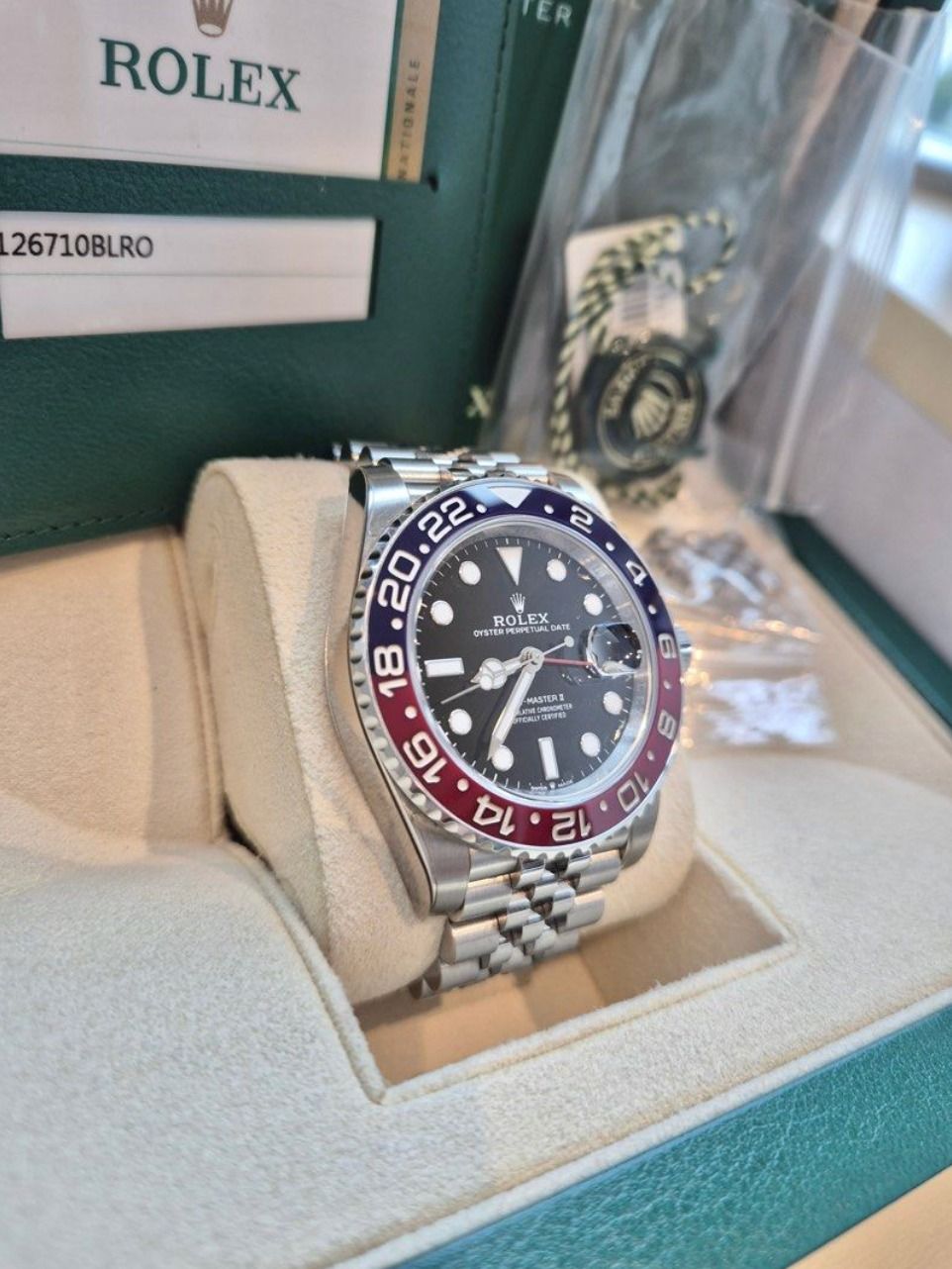 Rolex GMT-Master II 'Pepsi' 126710BLRO Jubilee (Category: Watches) located in Singapore. Submitted by visionlee (Listing ID 1458232191, Image 2). Description: - Rolex GMT-Master II 'Pepsi' (Model: 126710BLRO) - Jubilee bracelet - Includes box and papers - May 2020 Viewing and collection at Devonshire Road.