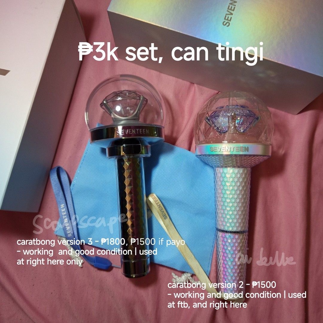 seventeen lightstick caratbong version 2 and version 3 (Category: K-Wave Merchandise) located in Mandaluyong City. Submitted by aymr_belle (Listing ID 1446515039, Image 1). Description: wts lfb ph carabong long dop — caratbong version 2 - ₱1500 - working and good condition (x sensi sa box) | used at follow and right here tour — caratbong version 3 - ₱1800 dop, ₱1500 payo or 1 week dop - working and good condition | used at right here only — prio 