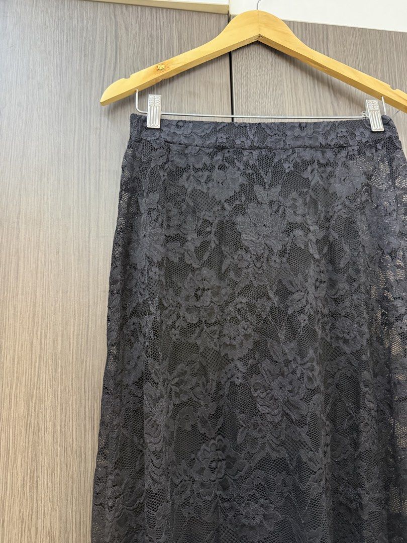 SHEIN Black Lace Maxi Skirt (Category: Skirts) located in Antipolo. Submitted by kathscloset_ (Listing ID 1458229380, Image 3). Description: - Full length black lace skirt - Delicate floral lace pattern - Comfortable elastic waistband - Versatile: dress up or down, layer or wear solo.