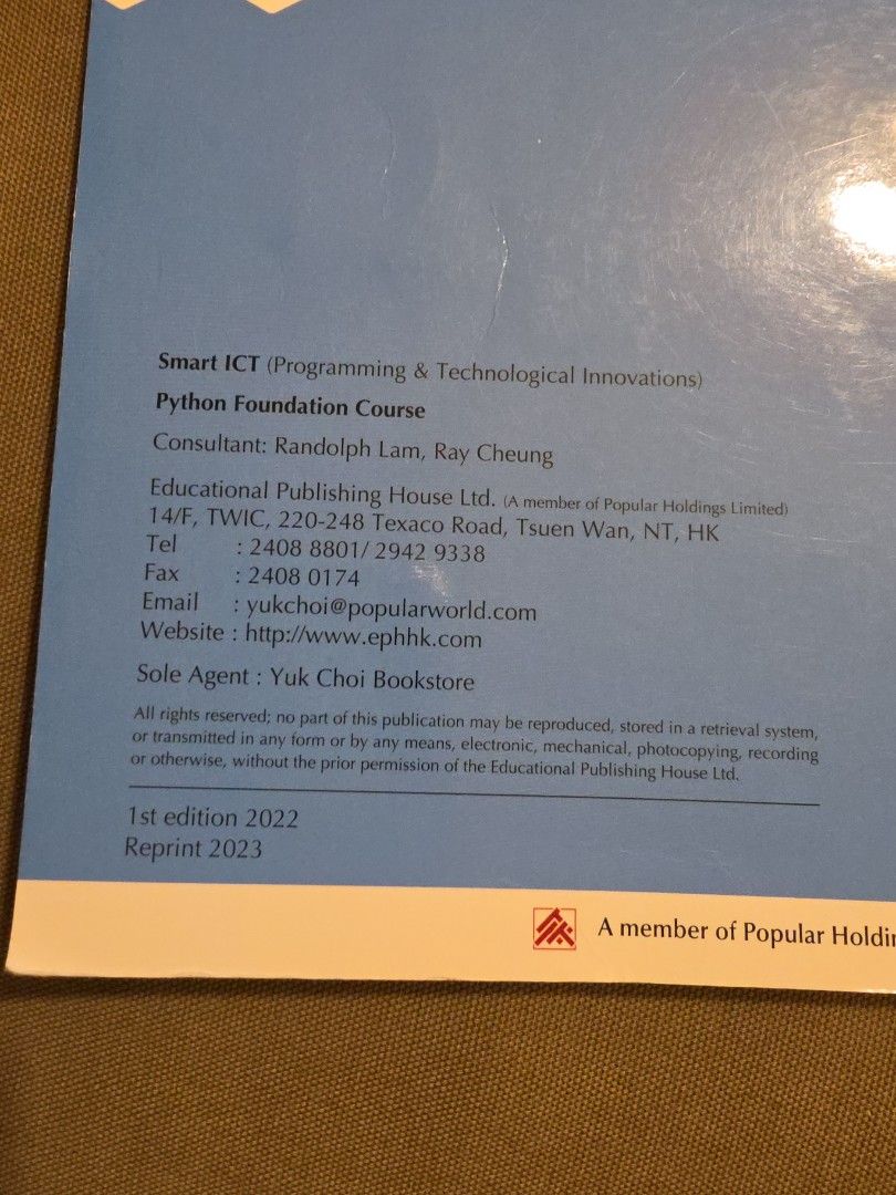 Smart ICT Python Foundation Course （分類：教科書）位於 Hong Kong。 由 manystocks 提交（商品編號 1458239544，圖片 2）。簡介： Smart ICT Python Foundation Course Educational Publishing House 內頁乾淨。