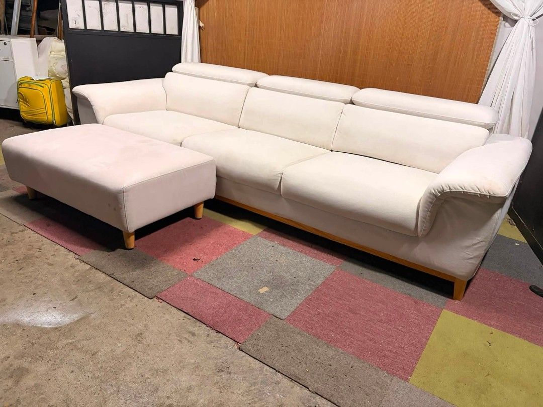 Sofa (Category: Sofas) located in Meycauayan. Submitted by marygracecasimiro (Listing ID 1458201897, Image 3). Description: 😍NAPAKAGANDA!!! NAPAKALAKI!!! Large Modern 5-Seater Sofa with Ottoman with Wooden Base Accent, PWEDENG L-SHAPE!!! ADJUSTABLE / RECLINING HEADRESTS!!! SOFT & SMOOTH CREAMY WHITE FABRIC!!! SUPER SOFT & COMFY!!! PREMIUM FEELS!!! NO ISSUES!!! NO ISSUES!!! Price : 30k ✅ Now:27,000♥️ *SEE VIDEO COMMENT Sofa - 110L x 43W x 18H sea