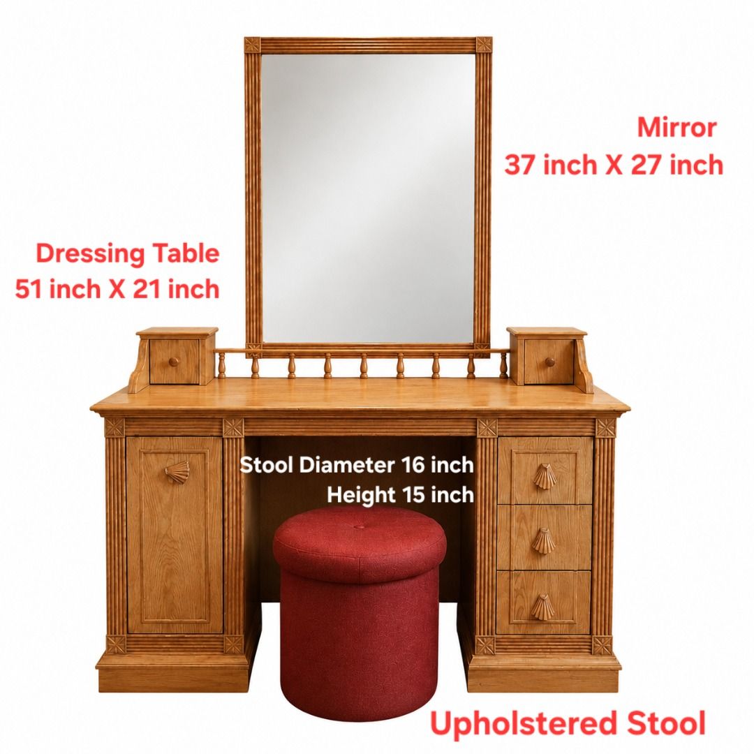 Solid Bed Vanity & Chevet (Category: Tables & Sets) located in Singapore. Submitted by midtownbleu8 (Listing ID 1458178573, Image 1). Description: Pic A @ $145.00 Bedroom Vanity - Solid Ashwood Dressing Table/Mirror And Upholstery Stool Vanity 51 inch X 21 inch X 20 inch(Height) Mirror 37 inch X 27 inch Stool 16 inch(Diameter) X 15 inch(Height) Pic CB@ $65.00 Bedroom Chevet - Solid Ashwood Bedside Tables/Drawers Chevet 23 inch X 16 inch X 18 inch