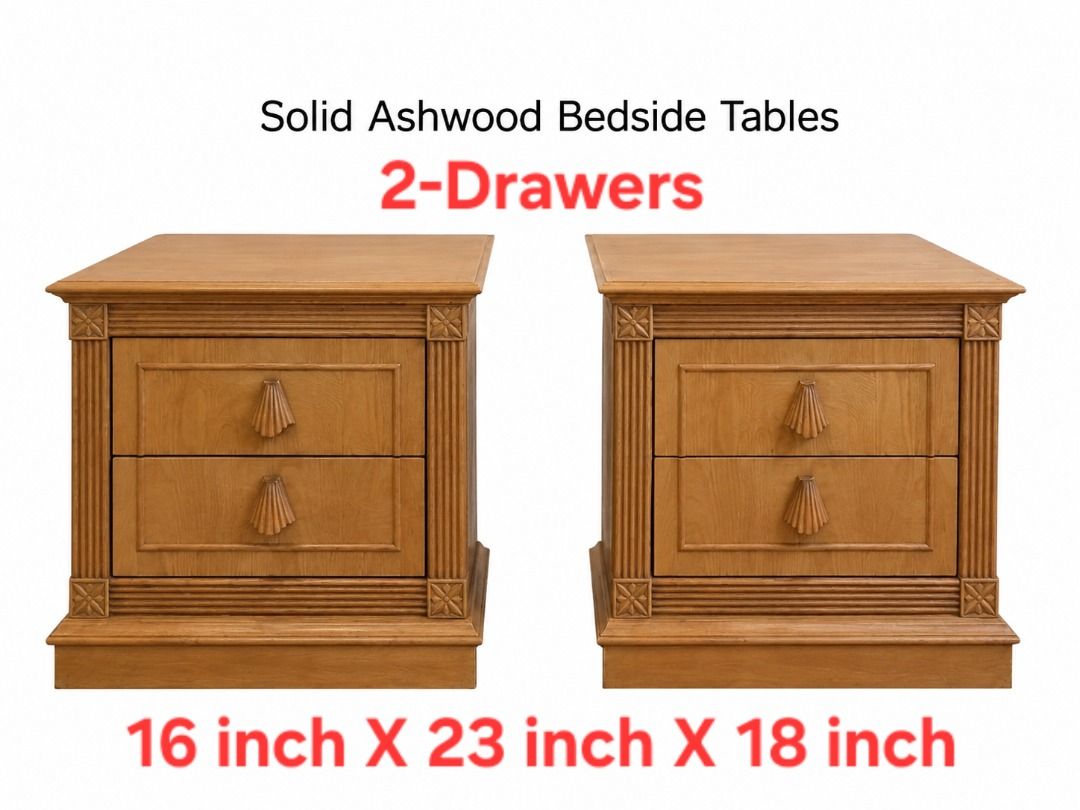 Solid Bed Vanity & Chevet (Category: Tables & Sets) located in Singapore. Submitted by midtownbleu8 (Listing ID 1458178573, Image 2). Description: Pic A @ $145.00 Bedroom Vanity - Solid Ashwood Dressing Table/Mirror And Upholstery Stool Vanity 51 inch X 21 inch X 20 inch(Height) Mirror 37 inch X 27 inch Stool 16 inch(Diameter) X 15 inch(Height) Pic CB@ $65.00 Bedroom Chevet - Solid Ashwood Bedside Tables/Drawers Chevet 23 inch X 16 inch X 18 inch