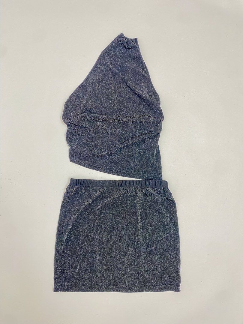 Sparkly asymmetrical one sided coords (Category: Sets or Coordinates) located in Pasig City. Submitted by wear_she_goes (Listing ID 1458208454, Image 2). Description: Top: B:up to 30 L:14.5 Skirt: W: 24-28 L: 13.5 Helping tags: skirt, checkered, maxi, dress, small, medium, knee level, inner lining, winter, girly, women, sleeveless, summer, olive, coquette, y2k, retro, vest, button down, lining, fashion, brand, aesthetic, vacation, formal, semi fo