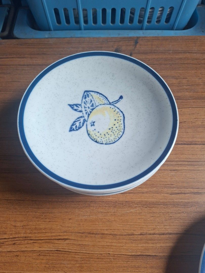 Speckled Ceramic Plates set of 5 (Category: Dinnerware & Cutlery) located in Consolacion. Submitted by luxekerei (Listing ID 1458171204, Image 2). Description: - stack of white ceramic speckled plates featuring a blue rim and a blue-and-white apple illustration. - 16cm in diameter..