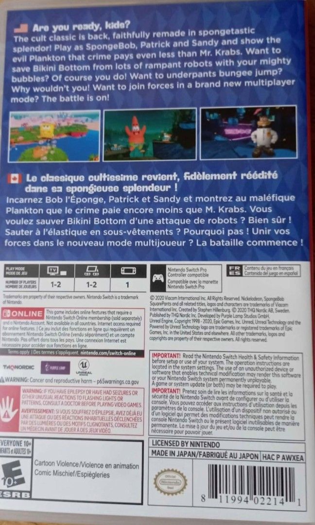 SpongeBob Battle for Bikini Bottom Rehydrated Nintendo Switch Game (Category: Nintendo) located in Manila. Submitted by izzycle (Listing ID 1458150914, Image 3). Description: - Used only twice - No issues. Works perfectly - Complete and in good condition - Not open for trading 📍 Location: Taguig Pwede meetup SM Aura or Market! Market! or Pateros RFS: Not my type of game / not what I expected.