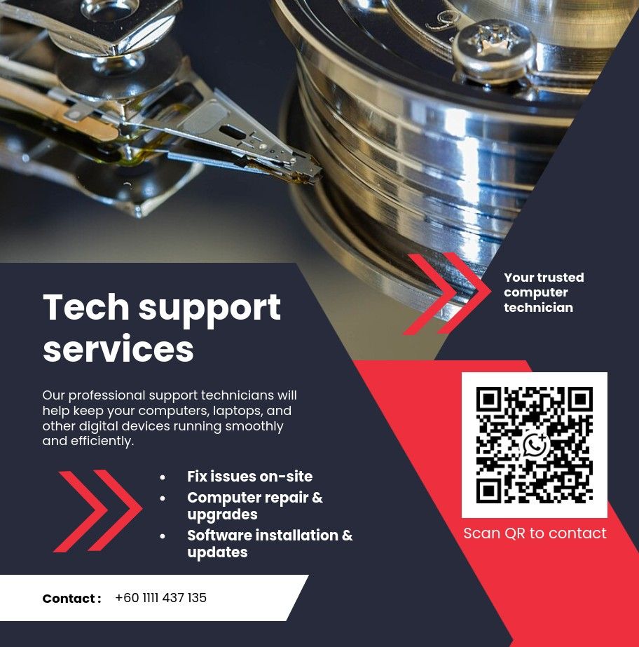 Tech support services (Category: Office & Business Technology) located in Kuala Lumpur. Submitted by caseyquah (Listing ID 1458108728, Image 1). Description: We will help you with your digital and computer related tech issues. Please contact us from the information in our banner..