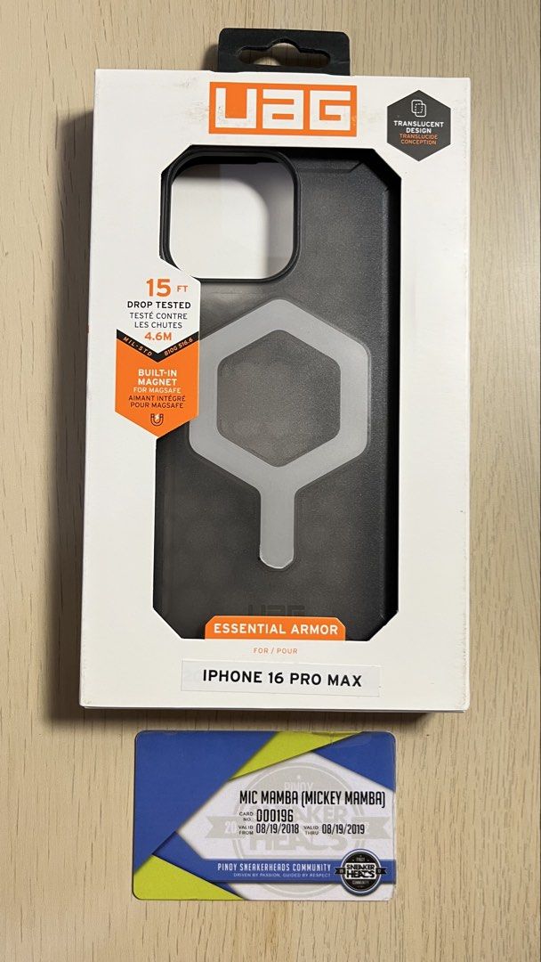 UAG iPhone 16 Pro Max Essential Armor MagSafe Case - Ash (Category: Cases & Sleeves) located in Taguig. Submitted by micmamba24 (Listing ID 1458176416, Image 1). Description: FOR SALE ONLY (NO TRADES): BRAND NEW ORIGINAL/AUTHENTIC/LEGIT BELOW SRP COMES WITH PAPER BAG UAG Essential Armor MagSafe Case for iPhone 16 Pro Max - Ash SRP: P1,990 My Price: P1,400 only RFS: Decluttering Meetups: Makati or BGC, Taguig area For delivery, buyer should should