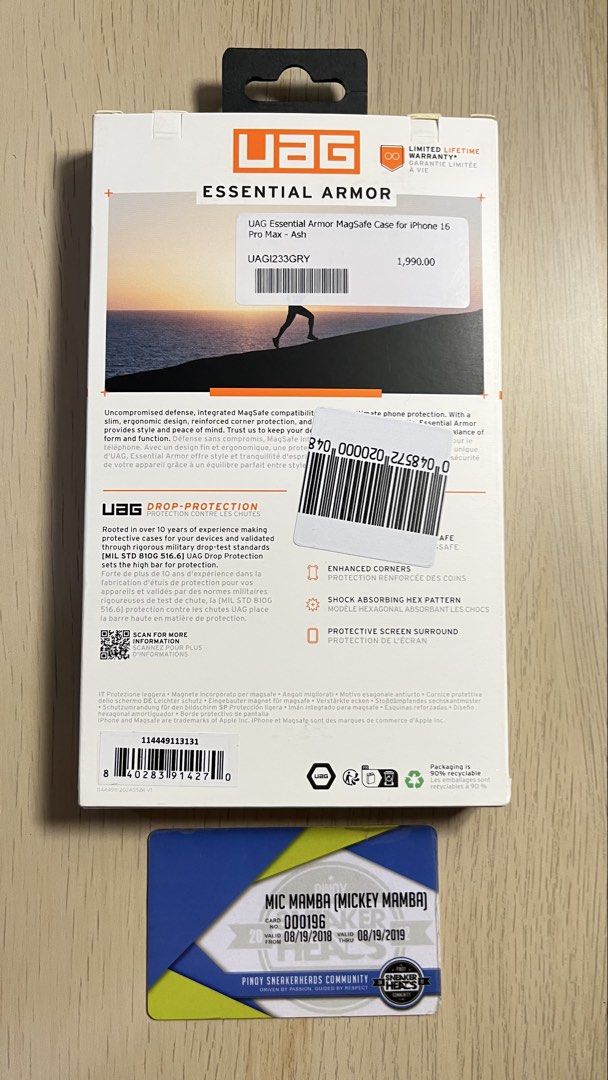 UAG iPhone 16 Pro Max Essential Armor MagSafe Case - Ash (Category: Cases & Sleeves) located in Taguig. Submitted by micmamba24 (Listing ID 1458176416, Image 2). Description: FOR SALE ONLY (NO TRADES): BRAND NEW ORIGINAL/AUTHENTIC/LEGIT BELOW SRP COMES WITH PAPER BAG UAG Essential Armor MagSafe Case for iPhone 16 Pro Max - Ash SRP: P1,990 My Price: P1,400 only RFS: Decluttering Meetups: Makati or BGC, Taguig area For delivery, buyer should should