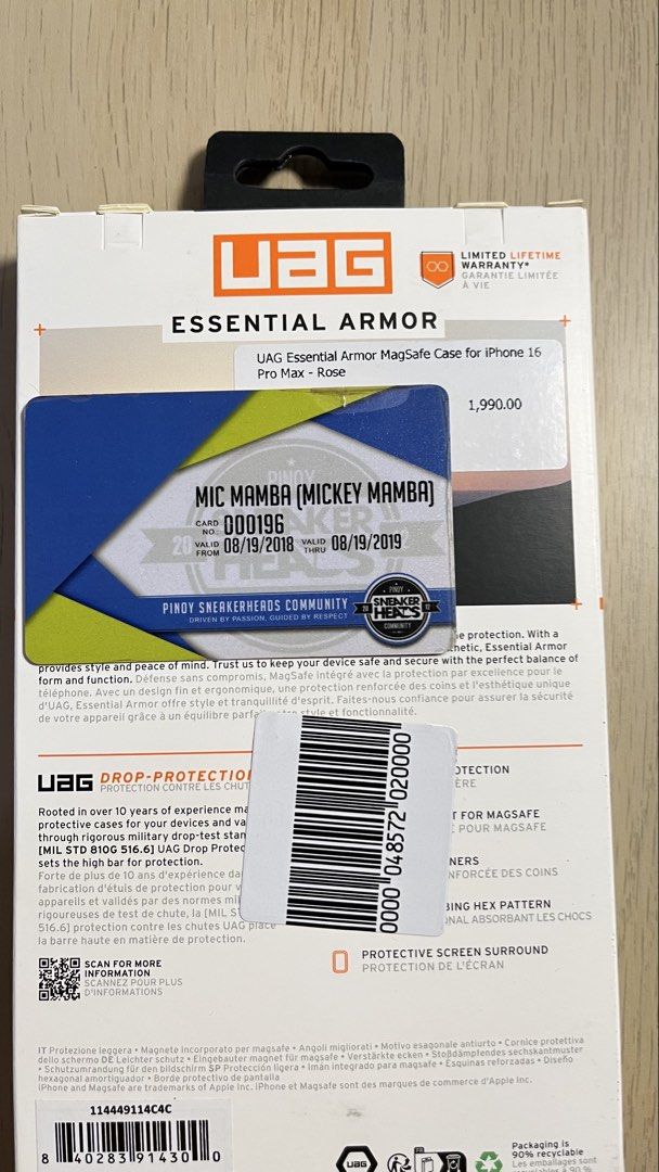 UAG iPhone 16 Pro Max Essential Armor MagSafe Case - Rose (Category: Cases & Sleeves) located in Taguig. Submitted by micmamba24 (Listing ID 1458179114, Image 3). Description: FOR SALE ONLY (NO TRADES): BRAND NEW ORIGINAL/AUTHENTIC/LEGIT BELOW SRP COMES WITH PAPER BAG UAG Essential Armor MagSafe Case for iPhone 16 Pro Max - Rose SRP: P1,990 My Price: P1,400 only RFS: Decluttering Meetups: Makati or BGC, Taguig area For delivery, buyer should shou