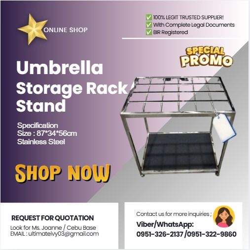 Umbrella Storage Rack Stand (Category: Storage Boxes & Baskets) located in Caloocan City. Submitted by annedacey222680 (Listing ID 1458140049, Image 1). Description: Specification Size : 87*34*56cm Stainless Steel Terms Of Payment 💰50% Down payment Upon Processing 💸 💰50% Upon pick up 💸 ✅ 100% LEGIT TRUSTED SUPPLIER! ✅ With Complete Legal Documents ✅ BIR Registered 📝Please note: Available by PRE-ORDER ONLY . Pickup preferred at our warehouse 
