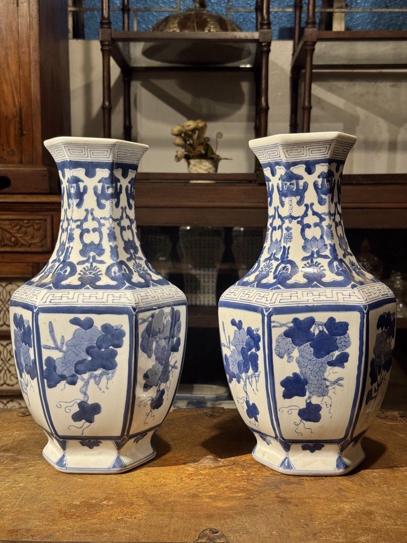 Vintage Blue & White Vases (Category: Vases & Decorative Bowls) located in Manila. Submitted by sinaunang_gamit (Listing ID 1458197314, Image 2). Description: Vintage Blue & White Vases height: 14.5 inches mouth diameter: 4.5 inches ₱8k for the pair.