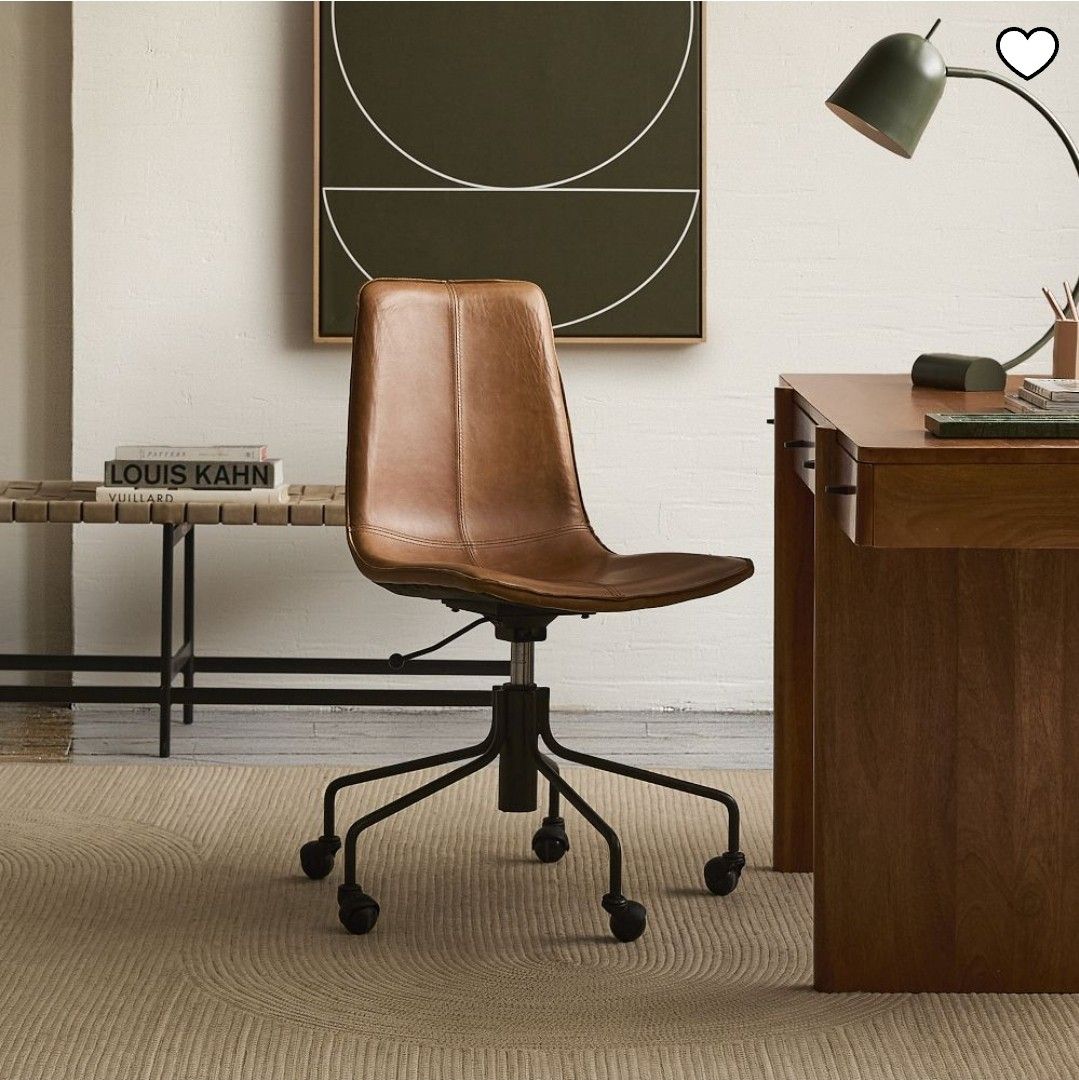 West Elm Swivel Chair (Category: Office Furniture & Fixtures) located in Makati City. Submitted by catfs (Listing ID 1458099129, Image 2). Description: - Comfortable brown leather office chair - Sturdy black metal base with smooth-rolling wheels - Swivels for easy movement - Adjustable height for personalized comfort - Stylish and functional for any home office or desk setup - Dimensions available in photos -.