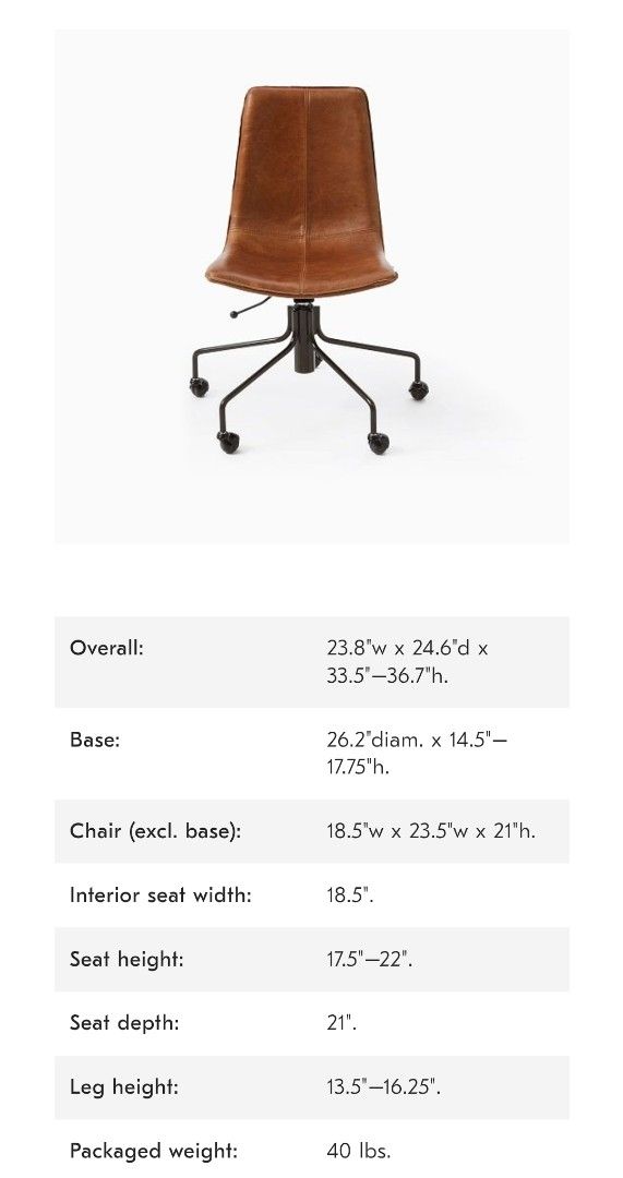West Elm Swivel Chair (Category: Office Furniture & Fixtures) located in Makati City. Submitted by catfs (Listing ID 1458099129, Image 3). Description: - Comfortable brown leather office chair - Sturdy black metal base with smooth-rolling wheels - Swivels for easy movement - Adjustable height for personalized comfort - Stylish and functional for any home office or desk setup - Dimensions available in photos -.