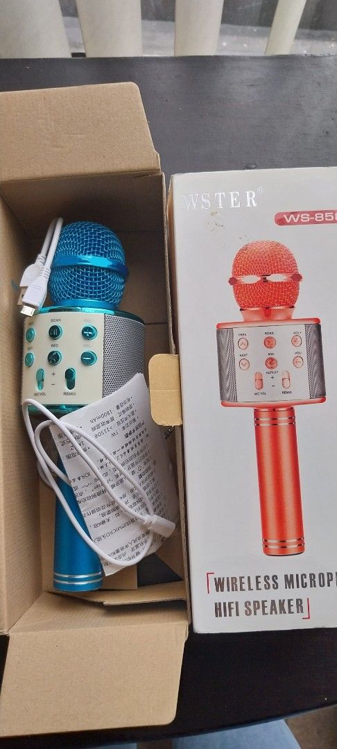 WSTER WS-858 Wireless Karaoke Microphone Speaker (Category: Soundbars, Speakers & Amplifiers) located in Cainta. Submitted by detheos7 (Listing ID 1458120526, Image 3). Description: - 200each. Buy 2 for 350 -Handheld KTV wireless microphone and speaker - Connects wirelessly for karaoke fun - Built-in controls for volume, remix, and mic on/off - Comes with a charging cable - Ideal for parties, gatherings, or singing practice - Easy to use and high