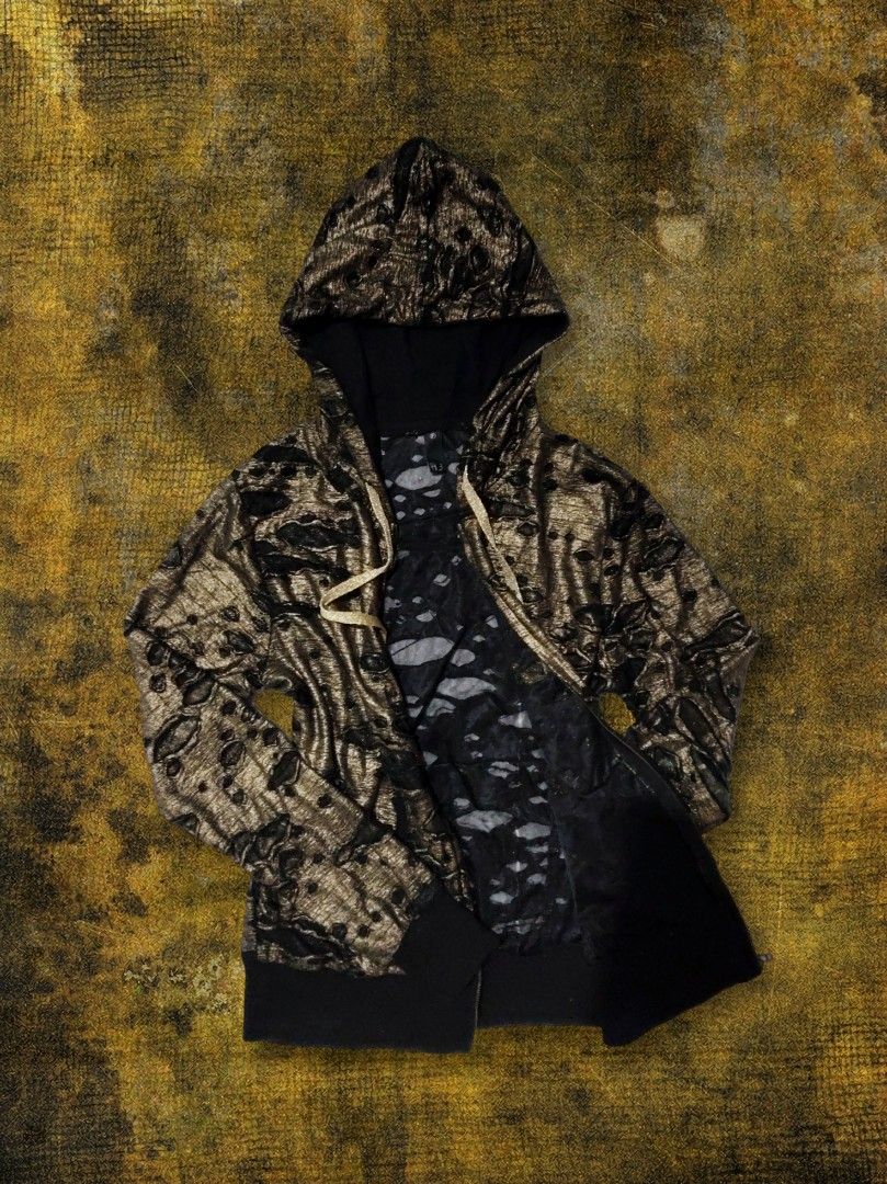 Y2k Distressed Metallic Hoodie (Category: Coats, Jackets and Outerwear) located in Talisay. Submitted by axl_enver (Listing ID 1458214019, Image 2). Description: Metallic bronze-gold sheen, burnout knit with see-through distressed holes Size: Women's S–M W 17.5" L 22" Sleeve 23.5".
