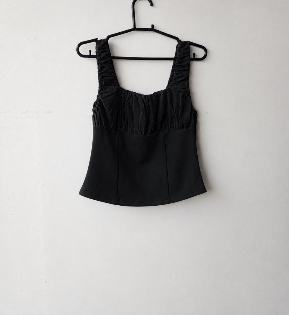 Zara Black Ruched Corset Top Square Neck (Category: Sleeveless) located in Manila. Submitted by marialight09 (Listing ID 1458252436, Image 2). Description: No issue or damage perfect condition worn once only - Black Zara top - Ruched detailing on bust - Square neckline - Fitted corset style bodice - Strappy design - Size S - Versatile for night out or casual wear.