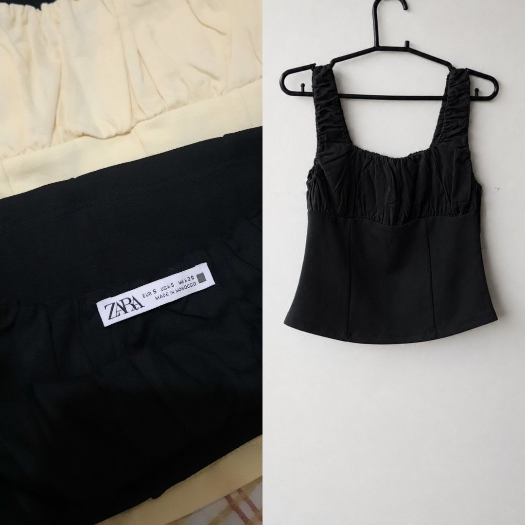 Zara Black Ruched Corset Top Square Neck (Category: Sleeveless) located in Manila. Submitted by marialight09 (Listing ID 1458252436, Image 1). Description: No issue or damage perfect condition worn once only - Black Zara top - Ruched detailing on bust - Square neckline - Fitted corset style bodice - Strappy design - Size S - Versatile for night out or casual wear.