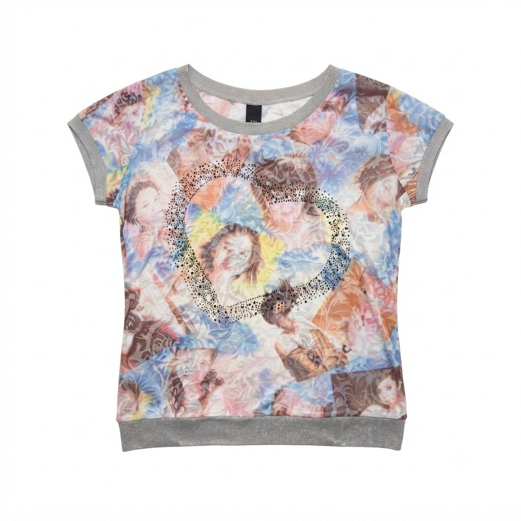 Y2K Angelic Mesh Top with collage print (Category: Shirts) located in Adams. Submitted by luckygirl.closet (Listing ID 1458215666, Image 1). Description: s-m 2000s y2k style see thru.