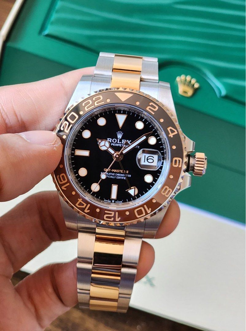 2024 Rolex GMT Rootbeer 126711CHNR (Category: Luxury Watches) located in Pasig City. Submitted by inverted6_ph (Listing ID 1458406996, Image 2). Description: 2024 Rolex GMT Rootbeer 126711CHNR Two tone rose gold 9.5/10 condition Comes complete with inner and outer box, NFC warranty card, booklets and tag Asking 1.210m 📍Viewings can be done on our shop located at the Grove by Rockwell, Pasig 📲IG: Invertedsix DM for further inquiries 👍.